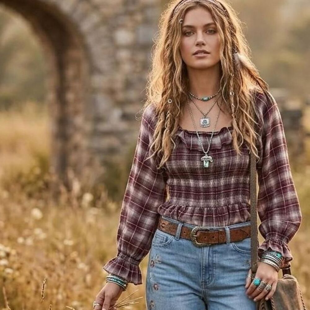Maroon Plaid SmockedTop med Angie hippie indie romantic  grunge aesthetic